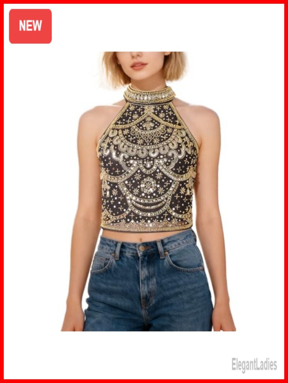 Sequin Beaded Halter Cropped Cami – Sparkly Sleeveless Party Top for Night Out